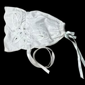 Vintage Baby Bonnet Cutwork Lace Light Blue Ribbons White Christening Wedding